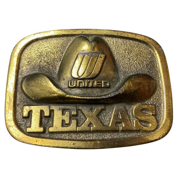 United Airlines Texas Promo Crew Belt Buckle Cowboy Hat Vtg 80s USA